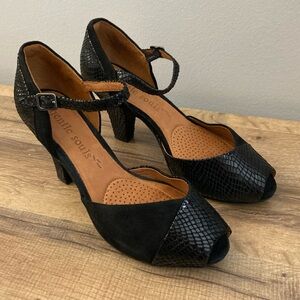 Gentle Souls by Kenneth Cole Black Reptile Ankle Strap Peep Toe Heels